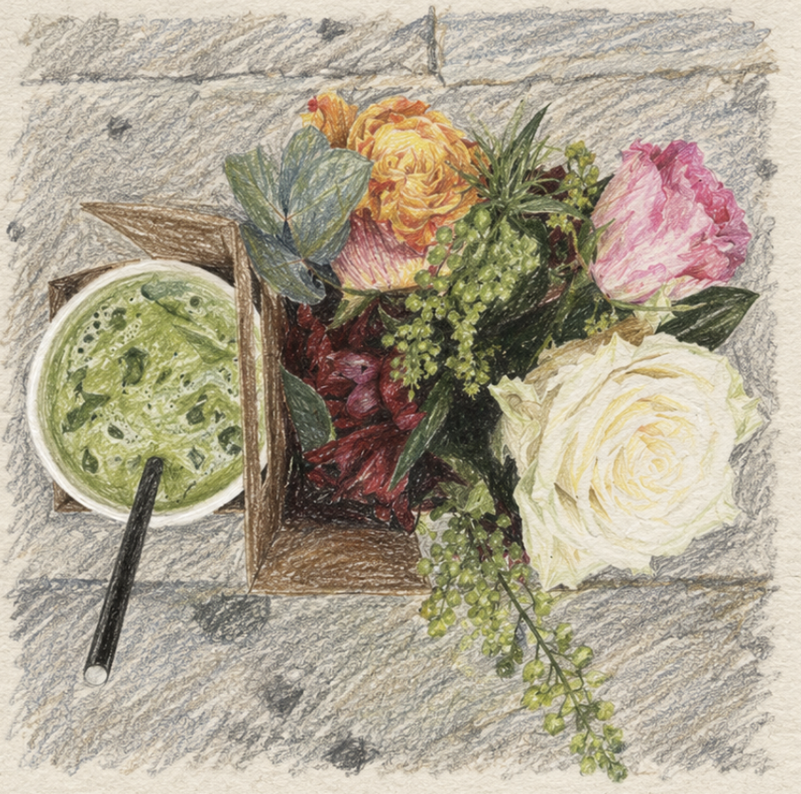 Illustration of a matcha drink beside a box of flowers
