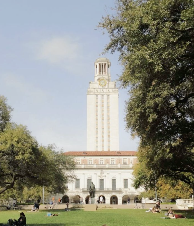 The UT Austin Tower viewed across the Main Mall
