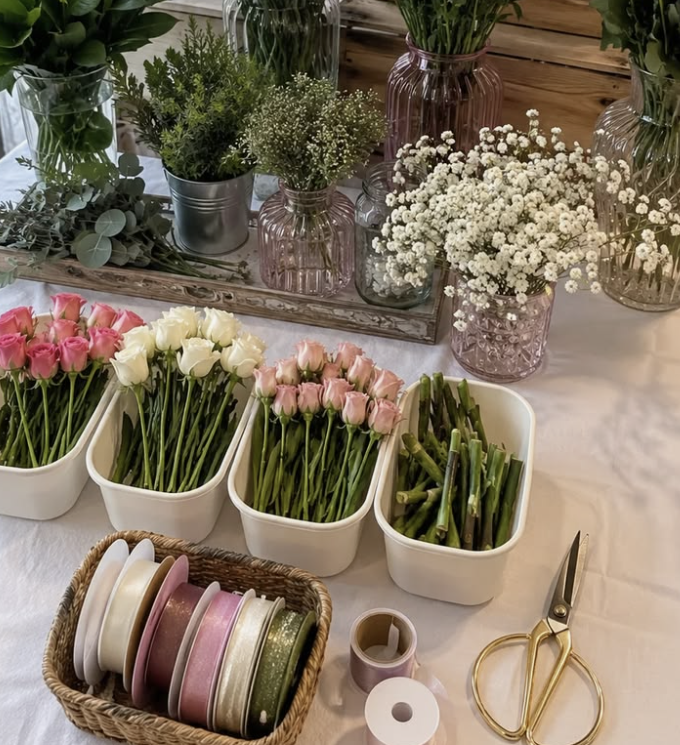 Roses, ribbons, and gold scissors laid out for bouquet making